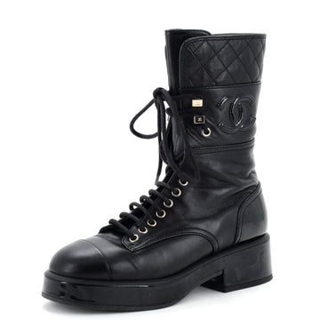 Chanel Women's CC Cap Toe Lace Up Chelsea Boots Leather with Patent