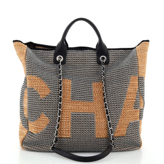 Chanel Deauville Logo Shopping Tote Printed Raffia Large