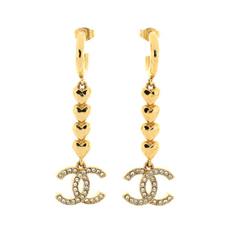 Chanel CC Heart Hoop Long Drop Earrings Metal with Crystals