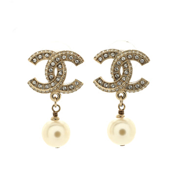 Chanel CC Dangle Earrings Crystal Embellished Metal with Faux Pearls
