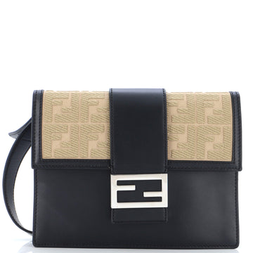 Fendi Flat Baguette Crossbody Bag Leather with Zucca Jacquard Medium