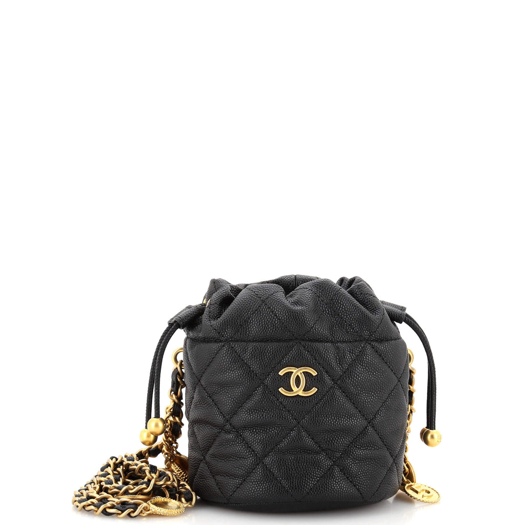 Chanel Medallion Charms Drawstring Bucket Bag Quilted Caviar Mini