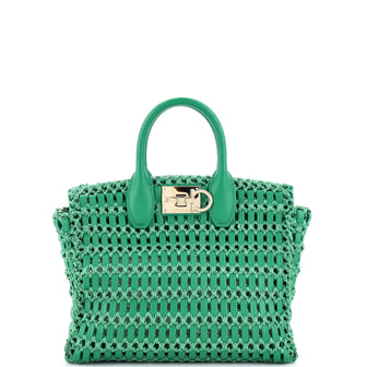 Salvatore Ferragamo Studio Box Satchel Woven Leather with Raffia Medium