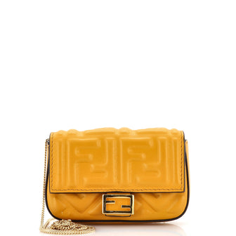 Fendi Chain Baguette Charm Bag Zucca Embossed Leather Nano