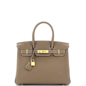 Hermes Birkin Handbag Grey Clemence with Gold Hardware 30