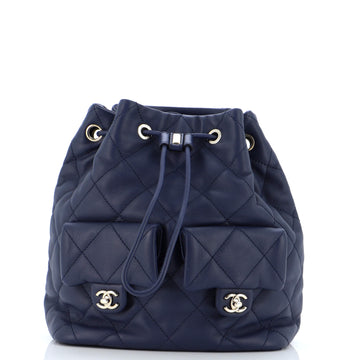 Chanel Double Pocket Drawstring Backpack Quilted Calfskin Small