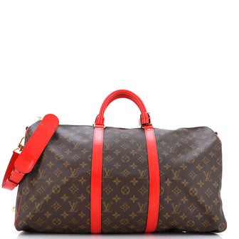 Louis Vuitton Keepall Bandouliere Bag Monogram Canvas with Coquelicot Leather Trim 50