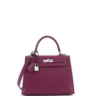 Hermes Kelly Handbag Purple Chevre Mysore with Palladium Hardware 25