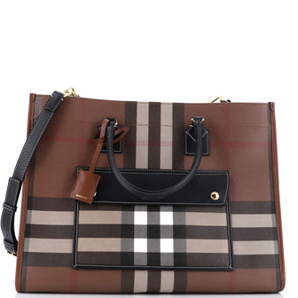 Burberry Freya Shopping Tote Check Canvas with Leather Medium