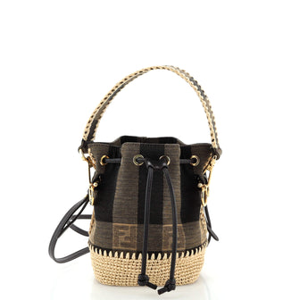 Fendi Mon Tresor Bucket Bag Pequin Canvas and Raffia Mini