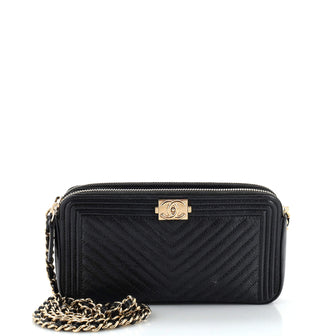 Chanel Boy Double Zip Clutch with Chain Chevron Caviar