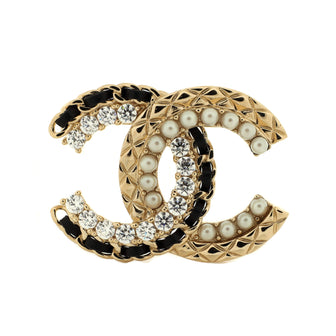 Chanel CC Brooch Quilted Metal with Leather, Crystals and Faux Pearls