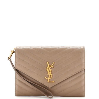 Saint Laurent Classic Monogram Envelope Wristlet Clutch Matelasse Chevron Leather