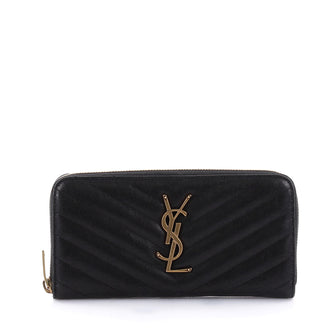 Saint Laurent Classic Monogram Zip Around Wallet Matelasse Chevron Leather Black 2447602