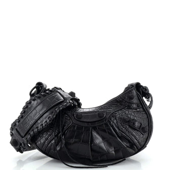 Balenciaga Le Cagole Giant Studs Shoulder Bag Crocodile Embossed Leather XS