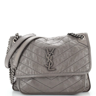 Saint Laurent Niki Chain Flap Bag Matelasse Chevron Leather Medium Gray  2450421