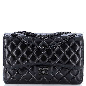 Chanel So Black Classic Double Flap Bag Quilted Shiny Crumpled Calfskin Jumbo