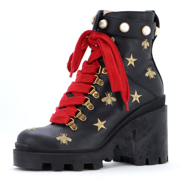 Gucci Women's Heeled Lace Up Combat Ankle Boots Leather with Faux Pearls