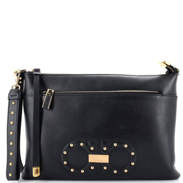 Salvatore Ferragamo Gancio Front Zip Crossbody Bag Studded Leather Medium