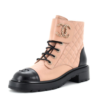Chanel Women's Chain CC Cap Toe Lace Up Combat Boots Quilted