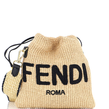 Fendi Logo Drawstring Bag Raffia with Leather