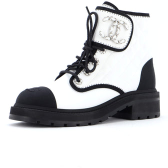 Chanel Women's Chain CC Cap Toe Lace Up Combat Boots Quilted Fabric and Grosgrain