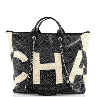 Chanel Logo Camellia Shopping Tote Printed Coated Canvas Medium