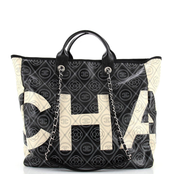 Chanel Logo Camellia Shopping Tote Printed Coated Canvas Medium