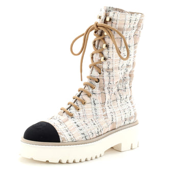 Chanel Women's Logo Cap Toe Lace Up Combat Boots Tweed and Grosgrain