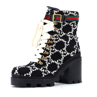 Gucci Women's Heeled Lace Up Combat Ankle Boots GG Tweed