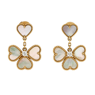 Van Cleef & Arpels Sweet Alhambra Effeuillage Heart Earrings 18K Yellow Gold with Mother of Pearl and Diamonds