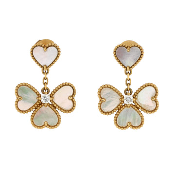 Van Cleef & Arpels Sweet Alhambra Effeuillage Heart Earrings 18K Yellow Gold with Mother of Pearl and Diamonds