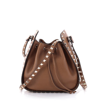 Valentino Rockstud Drawstring Bucket Bag Leather Small Brown 2465401