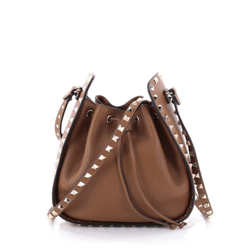 Valentino Rockstud Drawstring Bucket Bag Leather Small Brown 2465401
