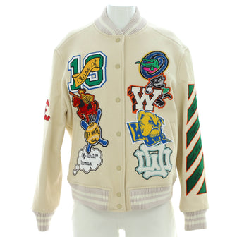 Off White Women's Patches Varsity Bomber Jacket Wool Blend with Leather
