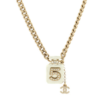 Chanel CC No.5 Perfume Bottle Pendant Short Necklace Metal with Resin and Crystals