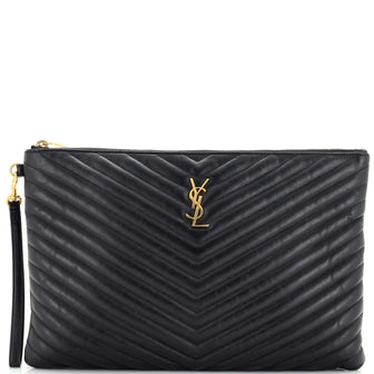 Saint Laurent Classic Monogram Wristlet Pouch Matelasse Chevron Leather Large