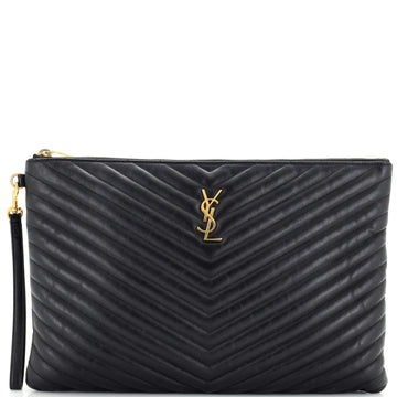 Saint Laurent Classic Monogram Wristlet Pouch Matelasse Chevron Leather Large