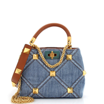 Valentino Garavani Roman Stud Top Handle Bag Quilted Denim Small
