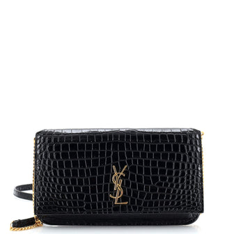 Saint Laurent Classic Monogram Phone Holder Shoulder Bag Crocodile Embossed Leather