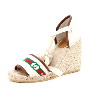 Gucci Women' Web Ankle Wrap Wedge Espadrilles Canvas