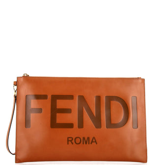 Fendi Logo Flat Wristlet Pouch Embossed Leather Large