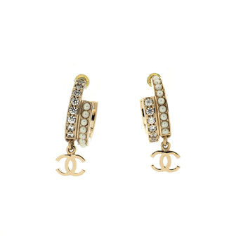 Chanel CC Hoop Dangle Earrings Metal with Crystals and Faux Pearls