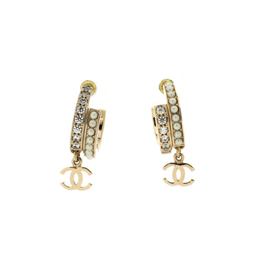 Chanel CC Hoop Dangle Earrings Metal with Crystals and Faux Pearls
