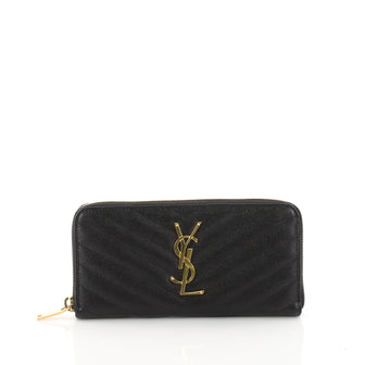 Saint Laurent Classic Monogram Zip Around Wallet Matelasse Chevron Leather Black 2475904