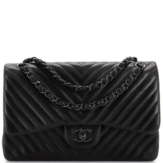 Chanel So Black Classic Double Flap Bag Chevron Lambskin Jumbo