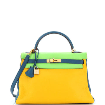 Hermes Kelly Handbag Tricolor Clemence with Gold Hardware 32