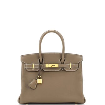 Hermes Birkin Handbag Grey Clemence with Gold Hardware 30