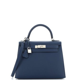 Hermes Kelly Handbag Blue Epsom with Palladium Hardware 28