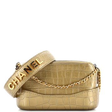 Chanel Gabrielle Logo Handle Double Zip Clutch with Chain Crocodile Embossed Calfskin